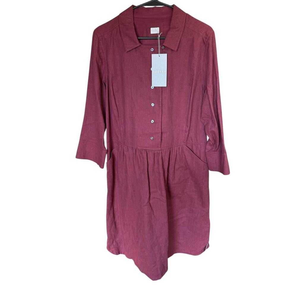 Poetry Dress Wool Blend Midi Button Up Burgundy Sz 14 Peasant Cottagecore NWT